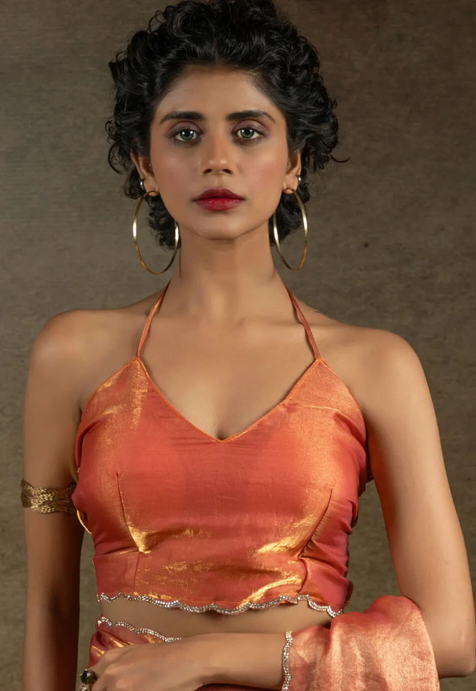 Pre-stitched Tissue Scalloped Saree in Rust