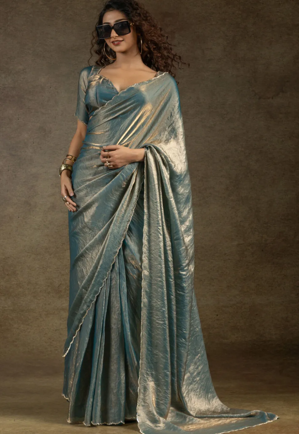Pre-stitched Tissue Scalloped Saree in Teal Blue
