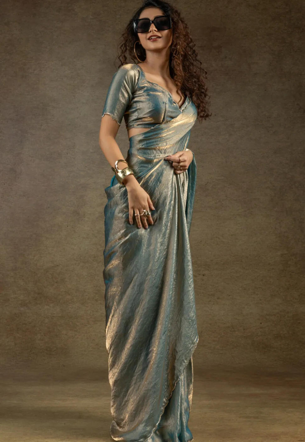 Pre-stitched Tissue Scalloped Saree in Teal Blue