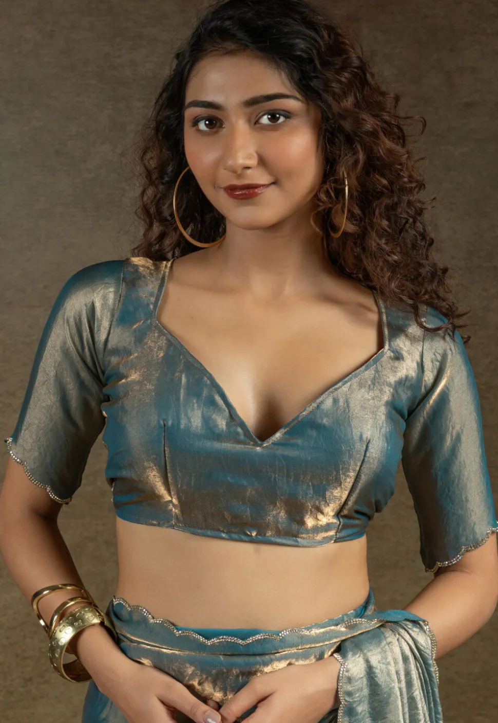 Pre-stitched Tissue Scalloped Saree in Teal Blue