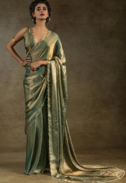 Pre-stitched Tissue Scalloped Saree in Dusty Green