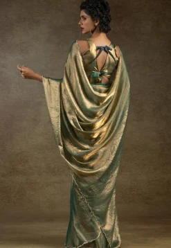 Pre-stitched Tissue Scalloped Saree in Dusty Green