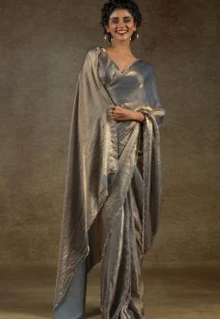 Pre-stitched Tissue Scalloped Saree in Grey