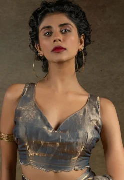 Pre-stitched Tissue Scalloped Saree in Grey