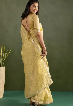 Pre-stitched Tissue Silk Saree in Yellow