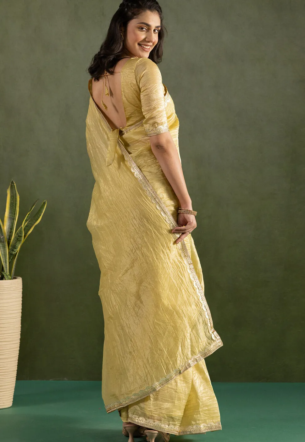 Pre-stitched Tissue Silk Saree in Yellow