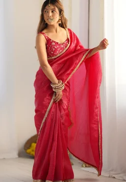 Pre-stitched Tissue Silk Saree in Fuchsia