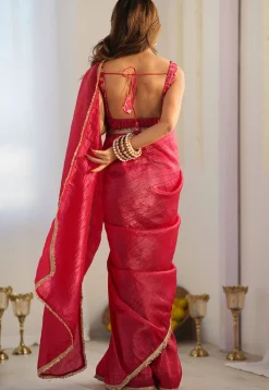 Pre-stitched Tissue Silk Saree in Fuchsia
