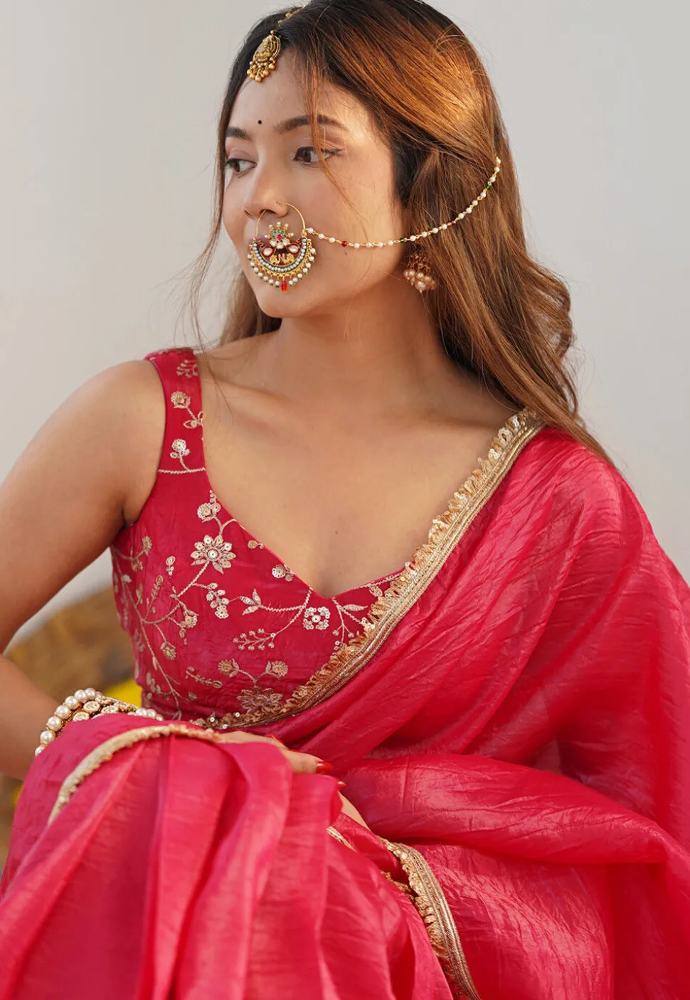Pre-stitched Tissue Silk Saree in Fuchsia