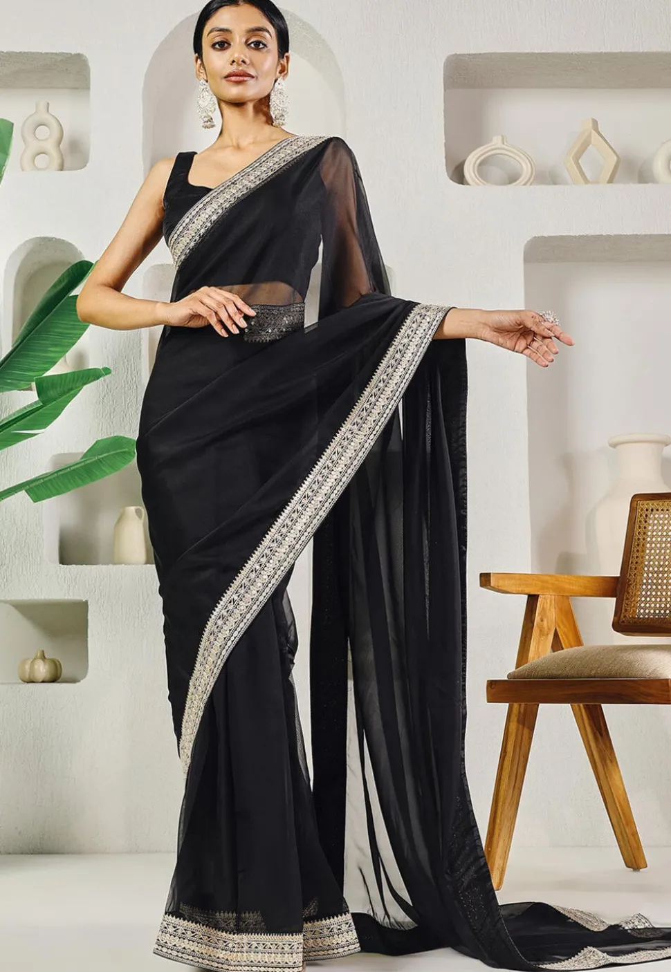 Pre-stitched Uppada Silk Saree in Black