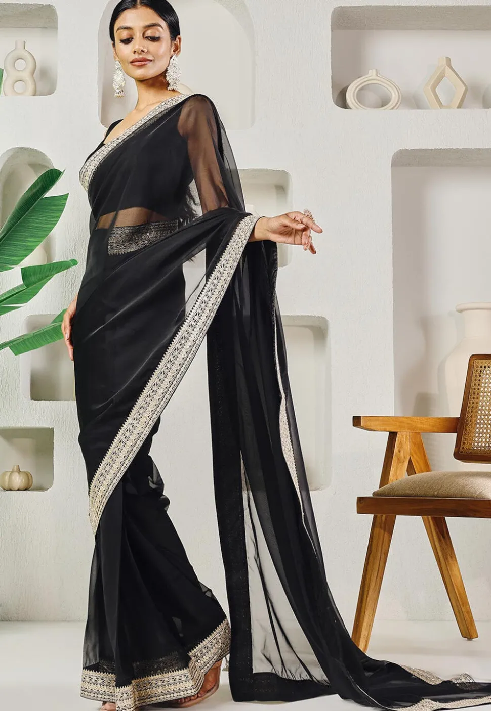 Pre-stitched Uppada Silk Saree in Black