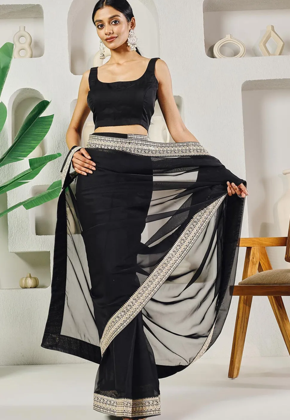 Pre-stitched Uppada Silk Saree in Black
