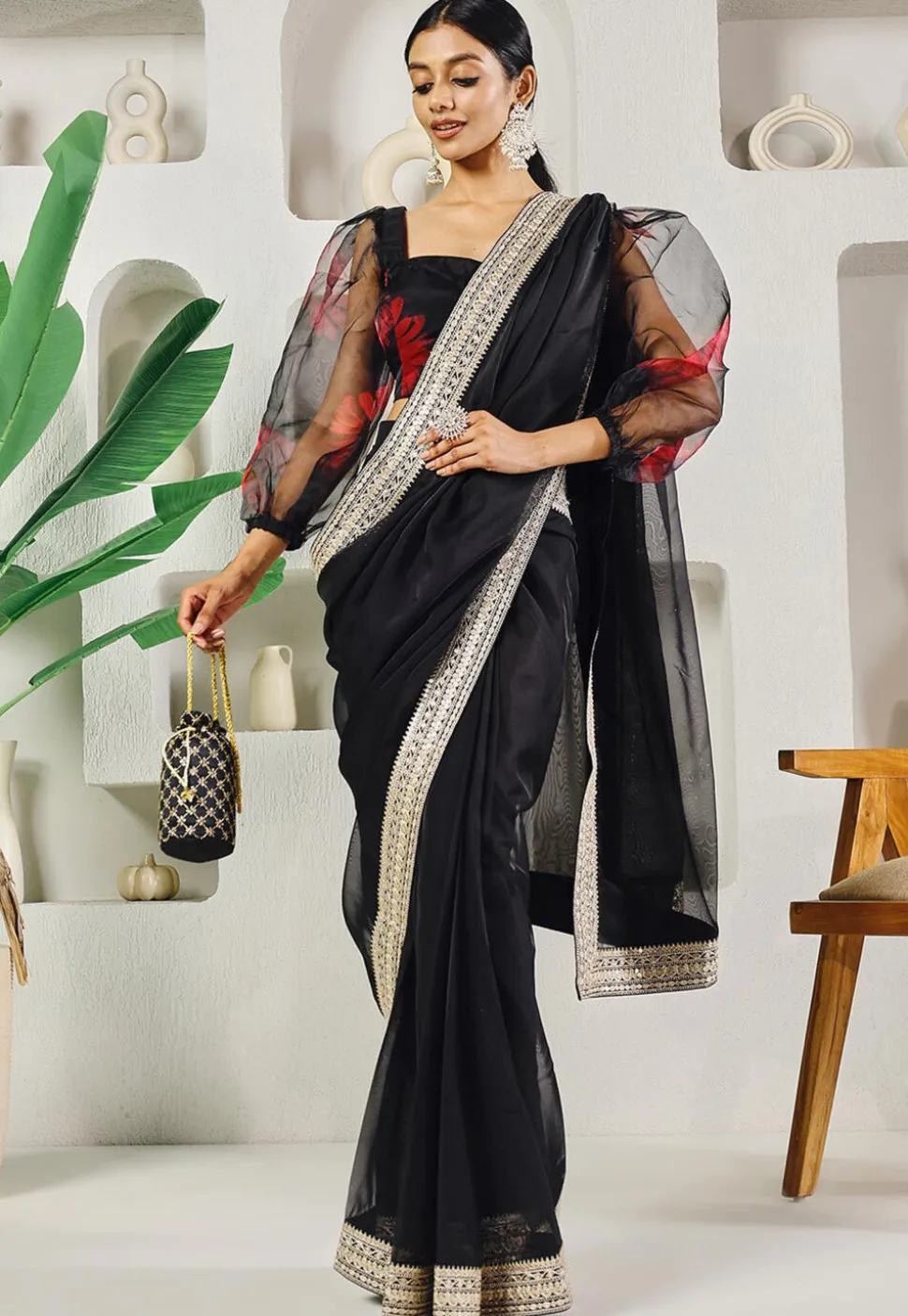 Pre-stitched Uppada Silk Saree in Black