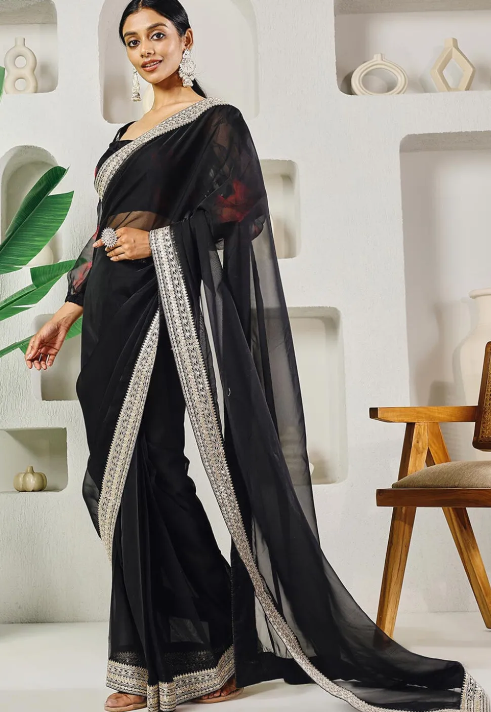 Pre-stitched Uppada Silk Saree in Black