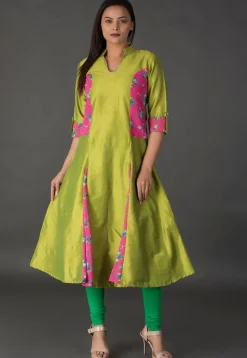 Princess Cut Art Silk Long Kurta in Olive Green