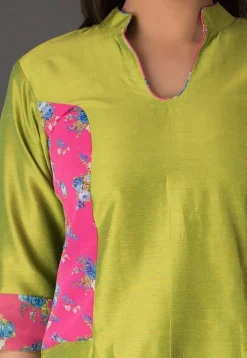 Princess Cut Art Silk Long Kurta in Olive Green