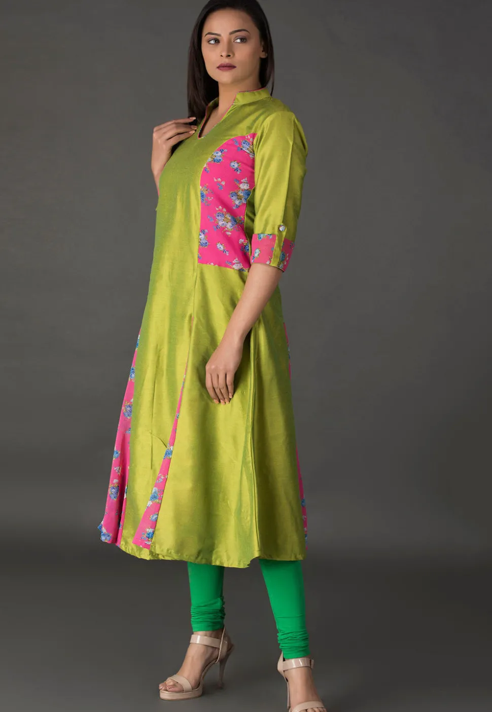 Princess Cut Art Silk Long Kurta in Olive Green