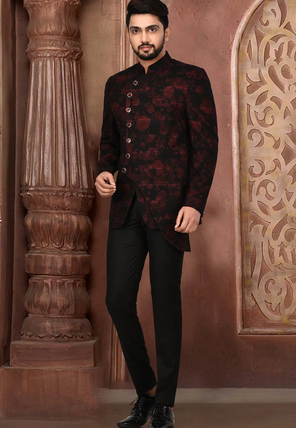 Printed Acrylic Cotton Suit Set in Maroon and Black