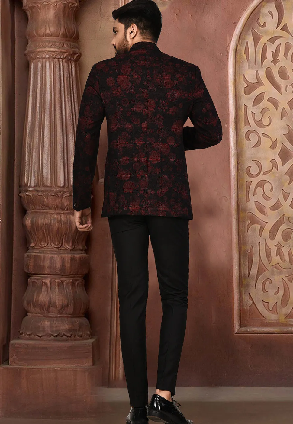 Printed Acrylic Cotton Suit Set in Maroon and Black