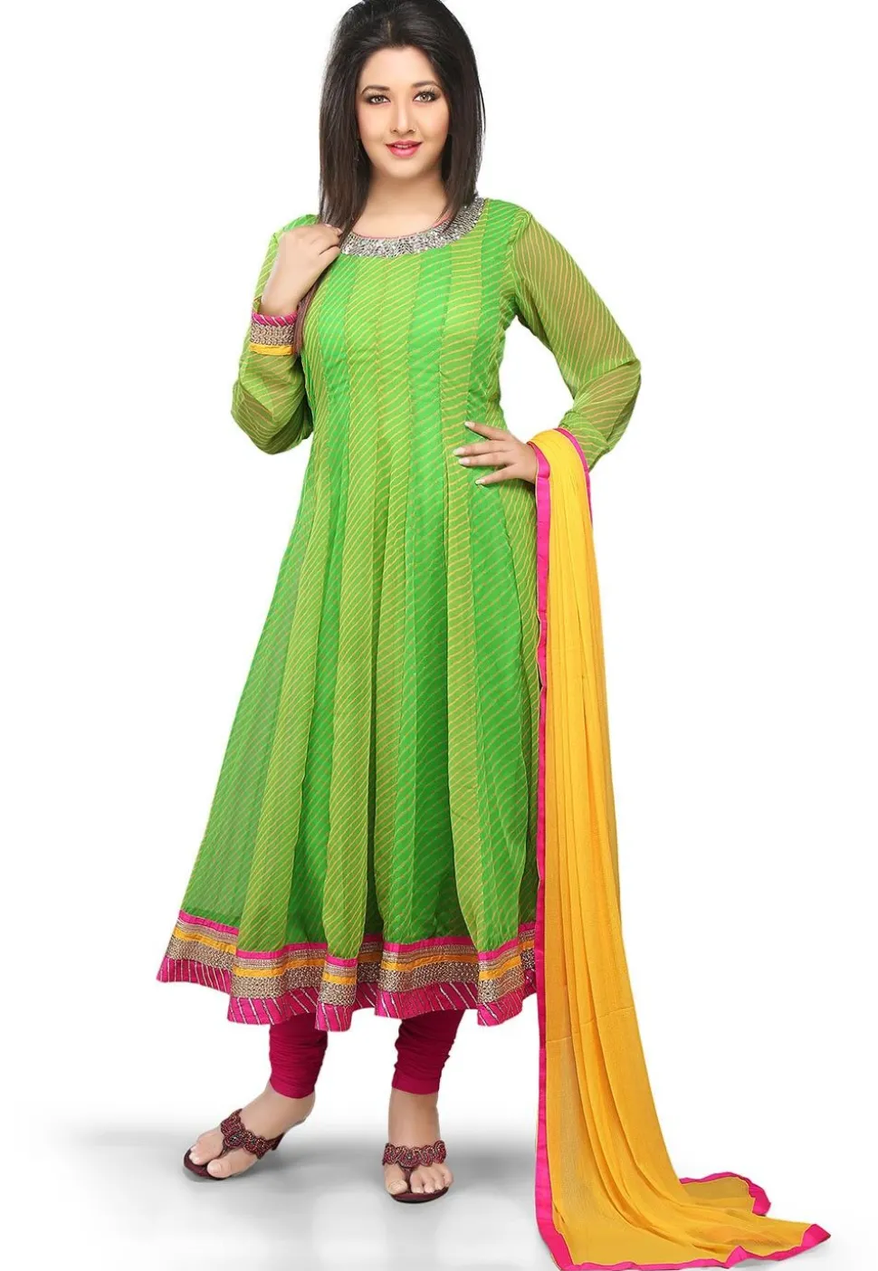Printed Anarkali Georgette Suit In Yellow And Green