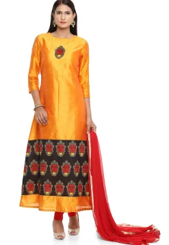 Printed Art Bhagalpuri Silk A Line Suit in Orange