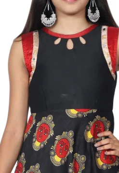 Printed Art Silk A Line Kurta Set in Black