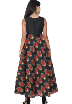 Printed Art Silk A Line Kurta Set in Black