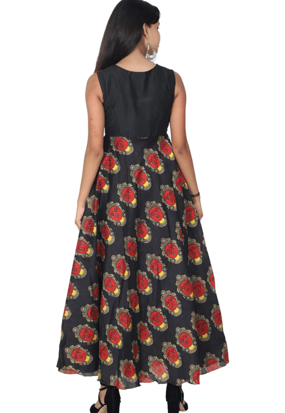 Printed Art Silk A Line Kurta Set in Black