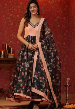 Printed Art Silk Aline Suit in Light Peach and Black