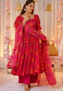 Printed Art Silk Aline Suit in Pink