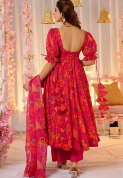 Printed Art Silk Aline Suit in Pink