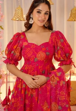 Printed Art Silk Aline Suit in Pink