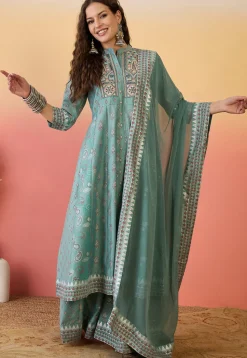 Printed Art Silk Anarkali Suit in Sea Green