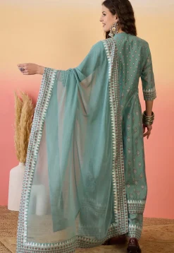 Printed Art Silk Anarkali Suit in Sea Green