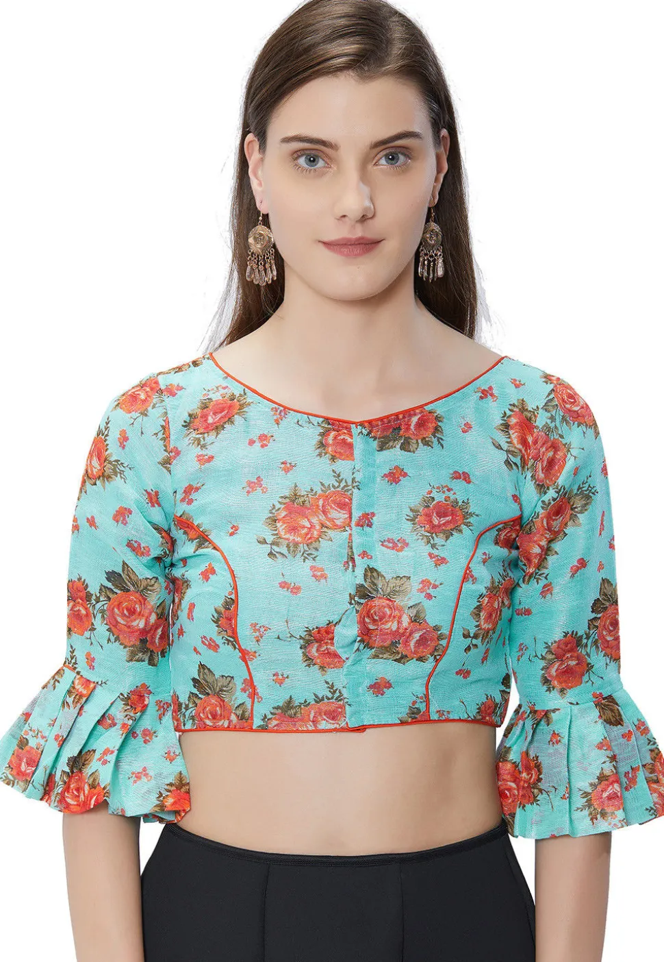 Printed Art Silk Blouse in Turquoise