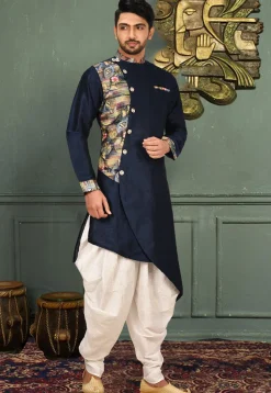 Printed Art Silk Dhoti Kurta in Navy Blue