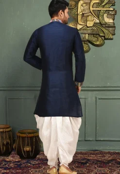Printed Art Silk Dhoti Kurta in Navy Blue