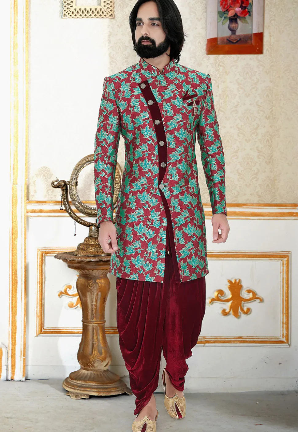 Printed Art Silk Jacquard Sherwani in Maroon