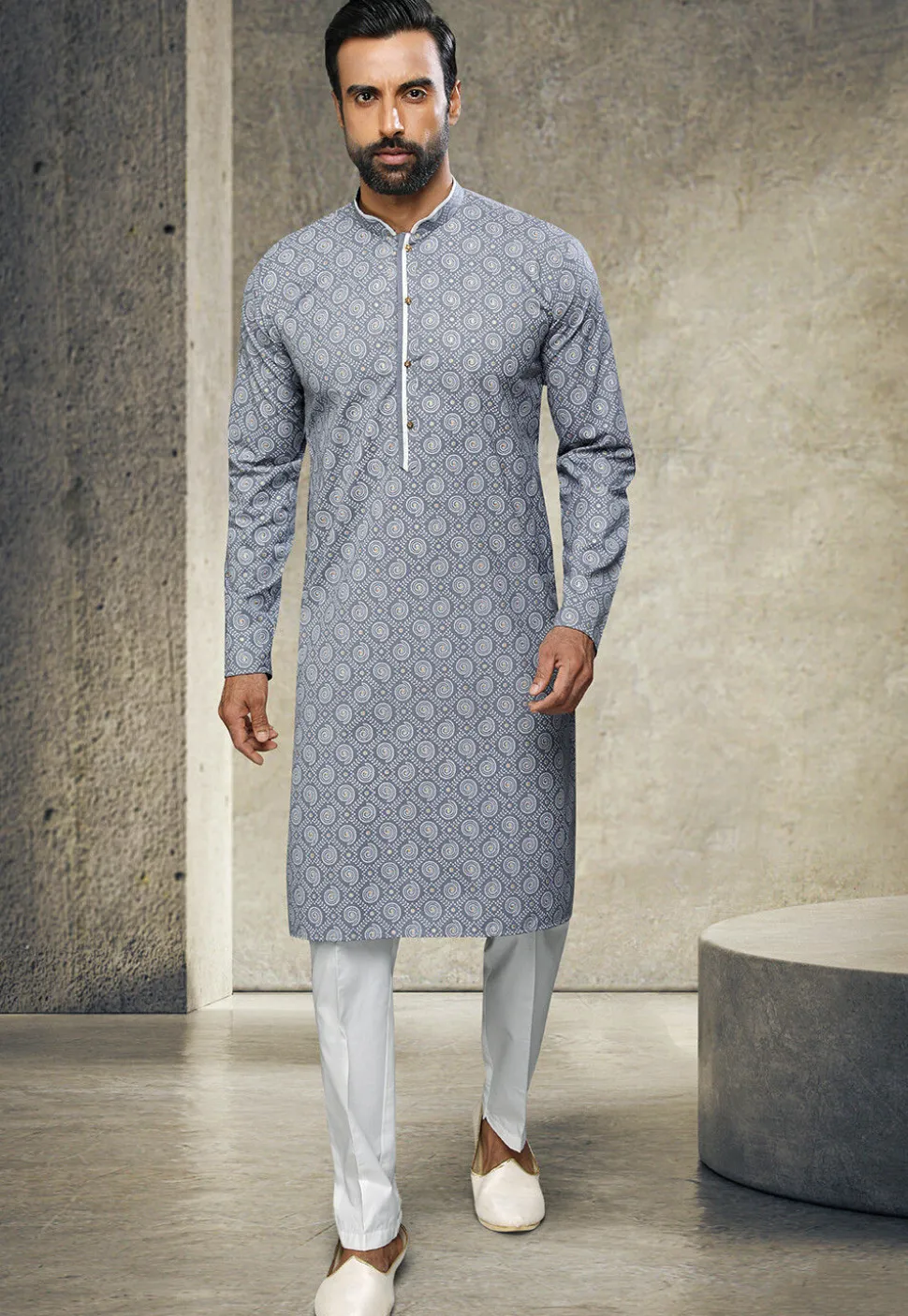 Printed Art Silk Kurta Set in Grey