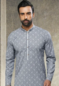 Printed Art Silk Kurta Set in Grey