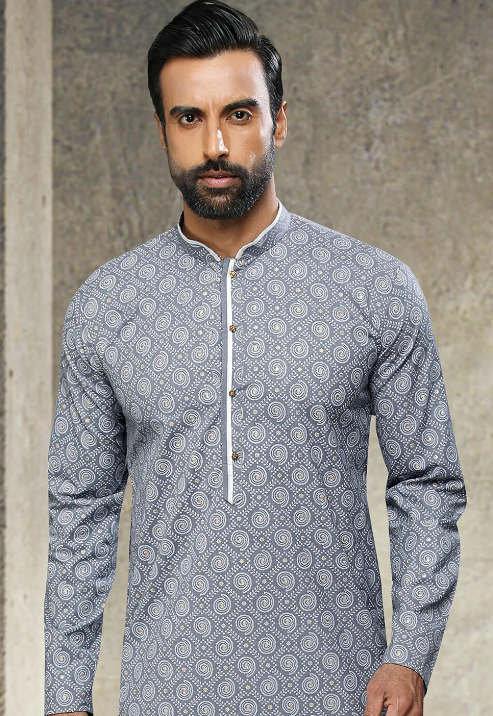 Printed Art Silk Kurta Set in Grey