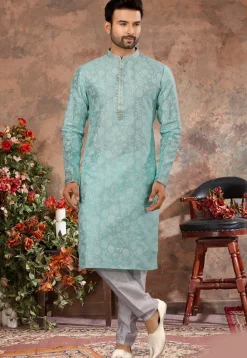 Printed Art Silk Kurta Set in Sea Green