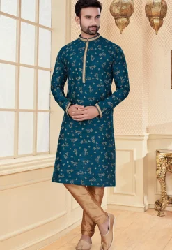 Printed Art Silk Kurta Set in Teal Blue