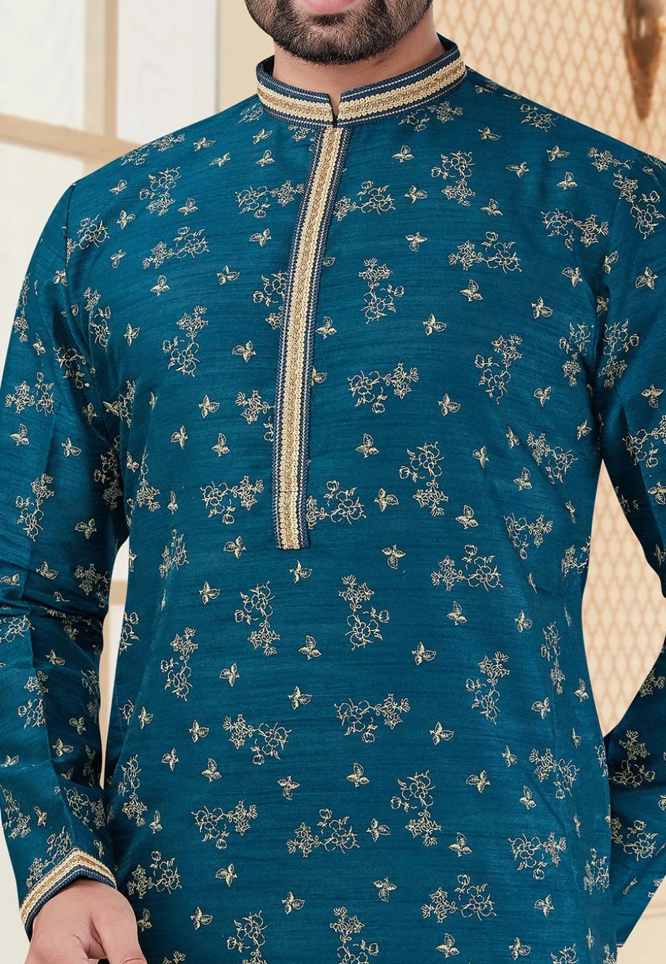 Printed Art Silk Kurta Set in Teal Blue