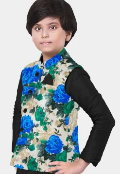 Printed Art Silk Kurta Set in Black