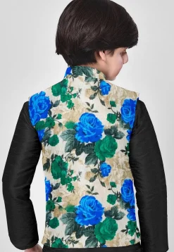 Printed Art Silk Kurta Set in Black