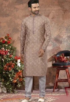 Printed Art Silk Kurta Set in Brown