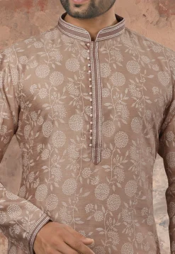 Printed Art Silk Kurta Set in Brown