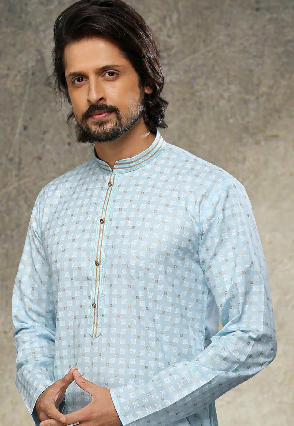 Printed Art Silk Kurta Set in Sky Blue
