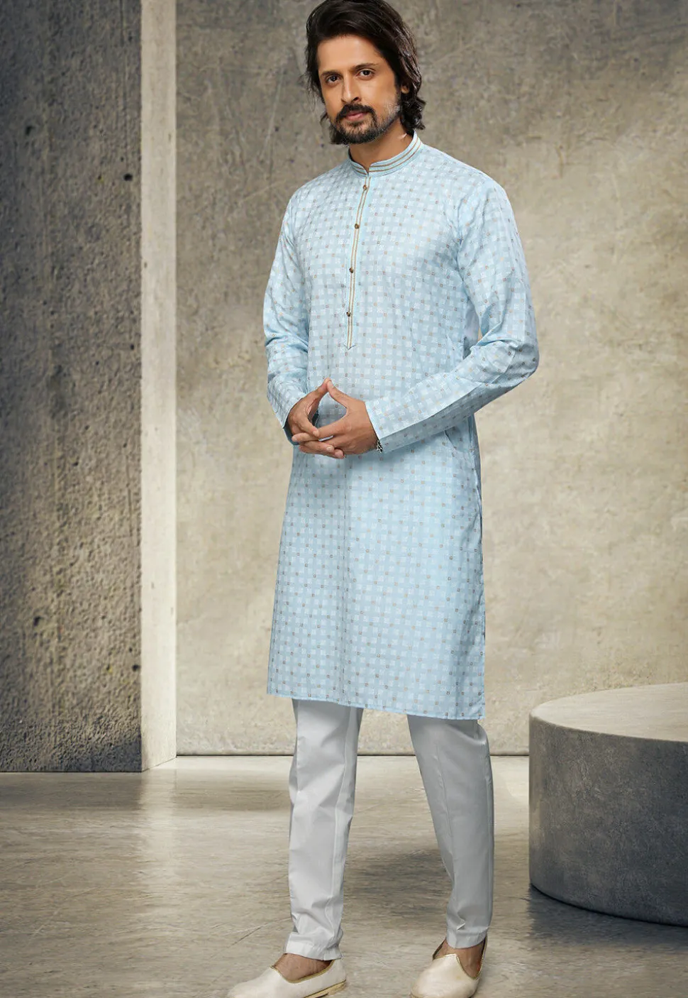 Printed Art Silk Kurta Set in Sky Blue